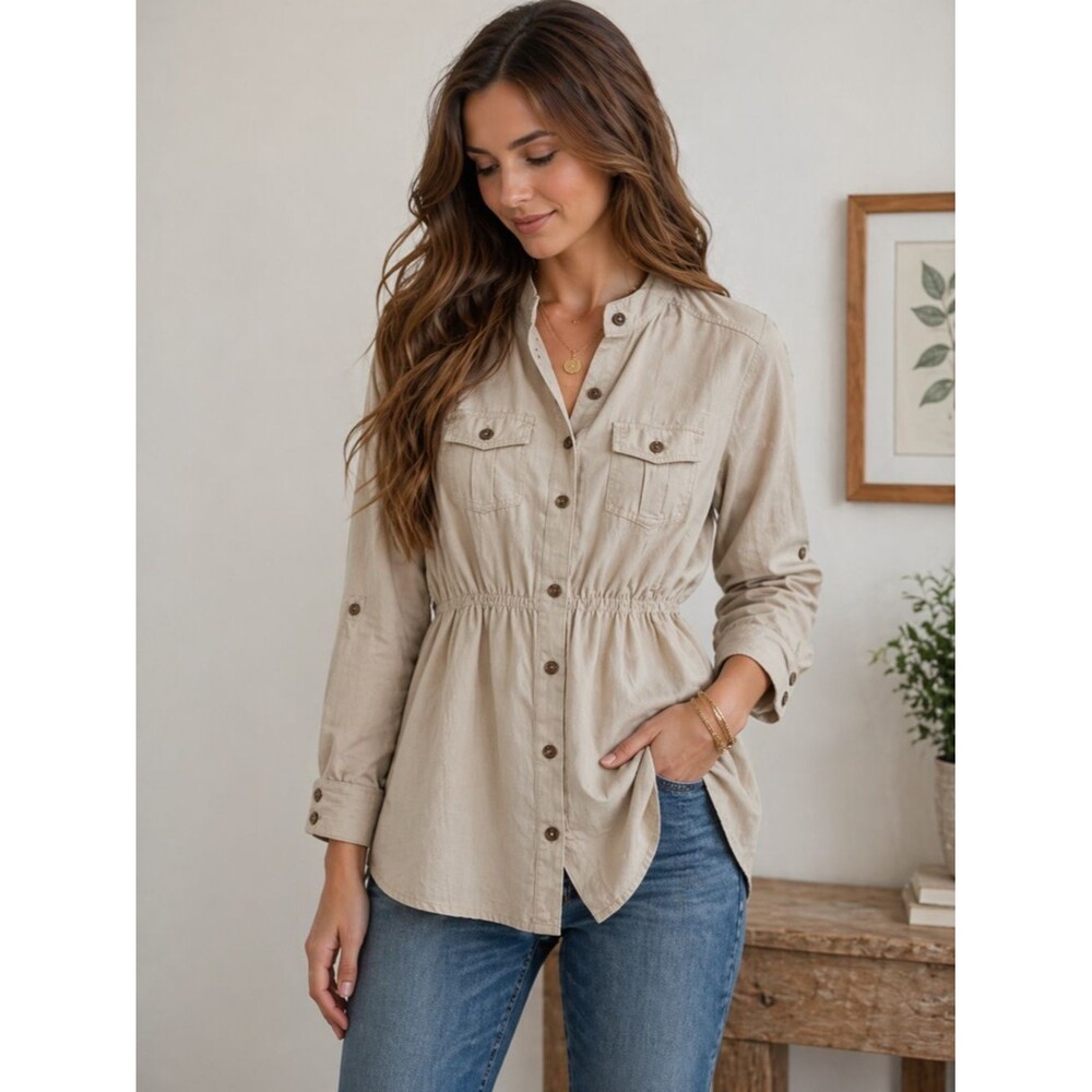 NWOT VTG Zara Button Front Elastic Waist Shirt Size S Tan Stripes Preppy Western